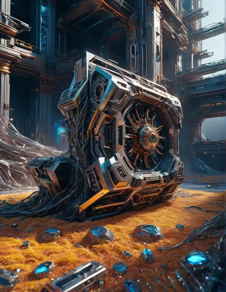 Complex 3d rendering ultra-detailed , biomechanical , simulated 150mm shot, beautiful natural soft edge light, crystal , roots, delicate lace, colorful details, intricate details, mesh threads, mandelbro fractals, body muscles, cable wires, microchips, badasses, surreal, ultra-detailed, octane rendering, volumetric lighting, 8k post-production, color , metallic details , futuristic , power , Techwear, guns, angle , ruined building,