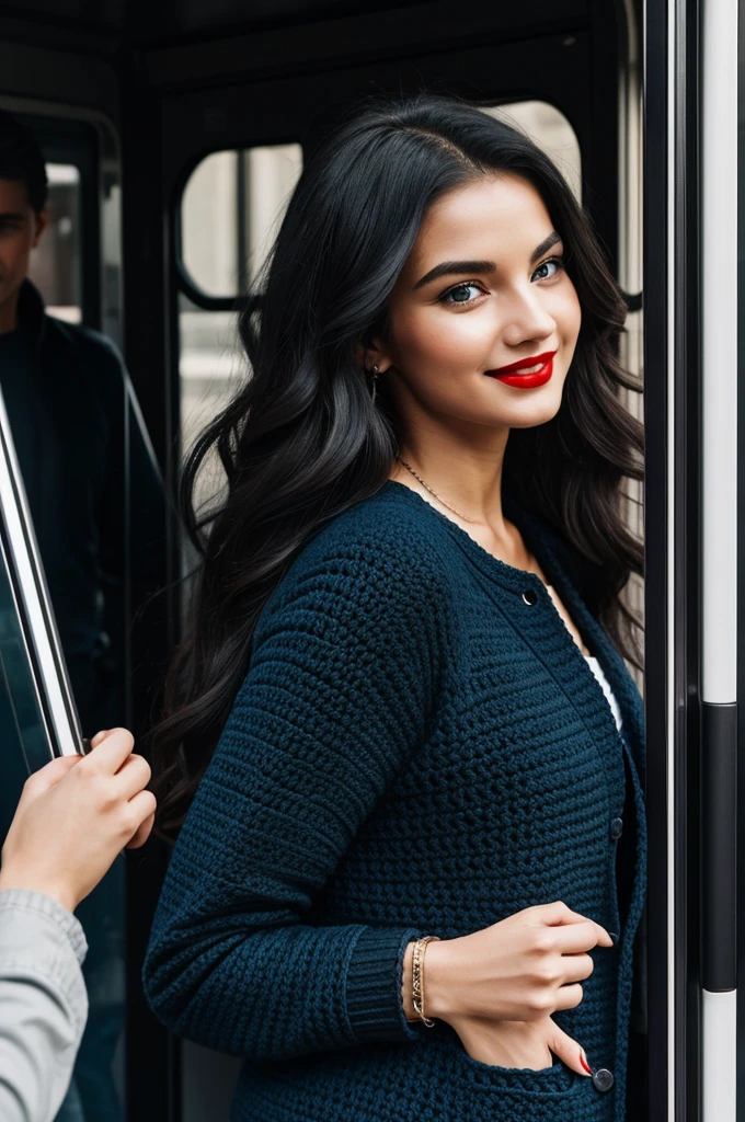 n France, the tram doors open, revealing a european woman at the opposite side of the door. She's got long, wavy black hair. Her almond-shapedblue eyes met mine, and she smiles. She wears a tight black T-shirt under a crocheted dark blue jacket, paired with black trousers and boots. The white complexion of her face contrasts with her full red lips. Realistic photography
