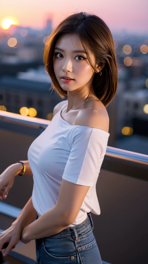 ((Midnight, Best quality, 8k, Masterpiece :1.3)), Whole body, Long legs, Sharp focus :1.2, A pretty woman with perfect figure :1.4, Slender abs :1.1, ((Dark brown hair, Big breasts :1.2)), (White tight tshirt, Jean bib, Standing:1.2), ((Night city view, Rooftop:1.3)), Highly detailed face and skin texture, Detailed eyes, Double eyelid, sunset, darken, backlit, off shoulder