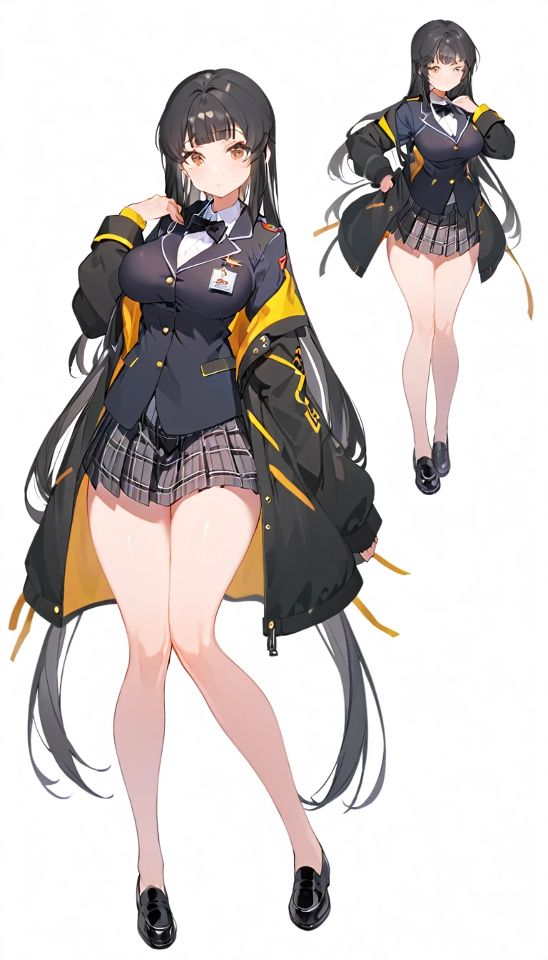 Girl in thick coat and uniform, 1girl, solo, thigh, skirt, skin dent, breast, simple background, jacket, bow, plaid pattern, white background, pleated skirt, full body, bow tie, brown thighs, bangs, , shoes, black shoes, black hair, big, plaid skirt, black thighs, thighs