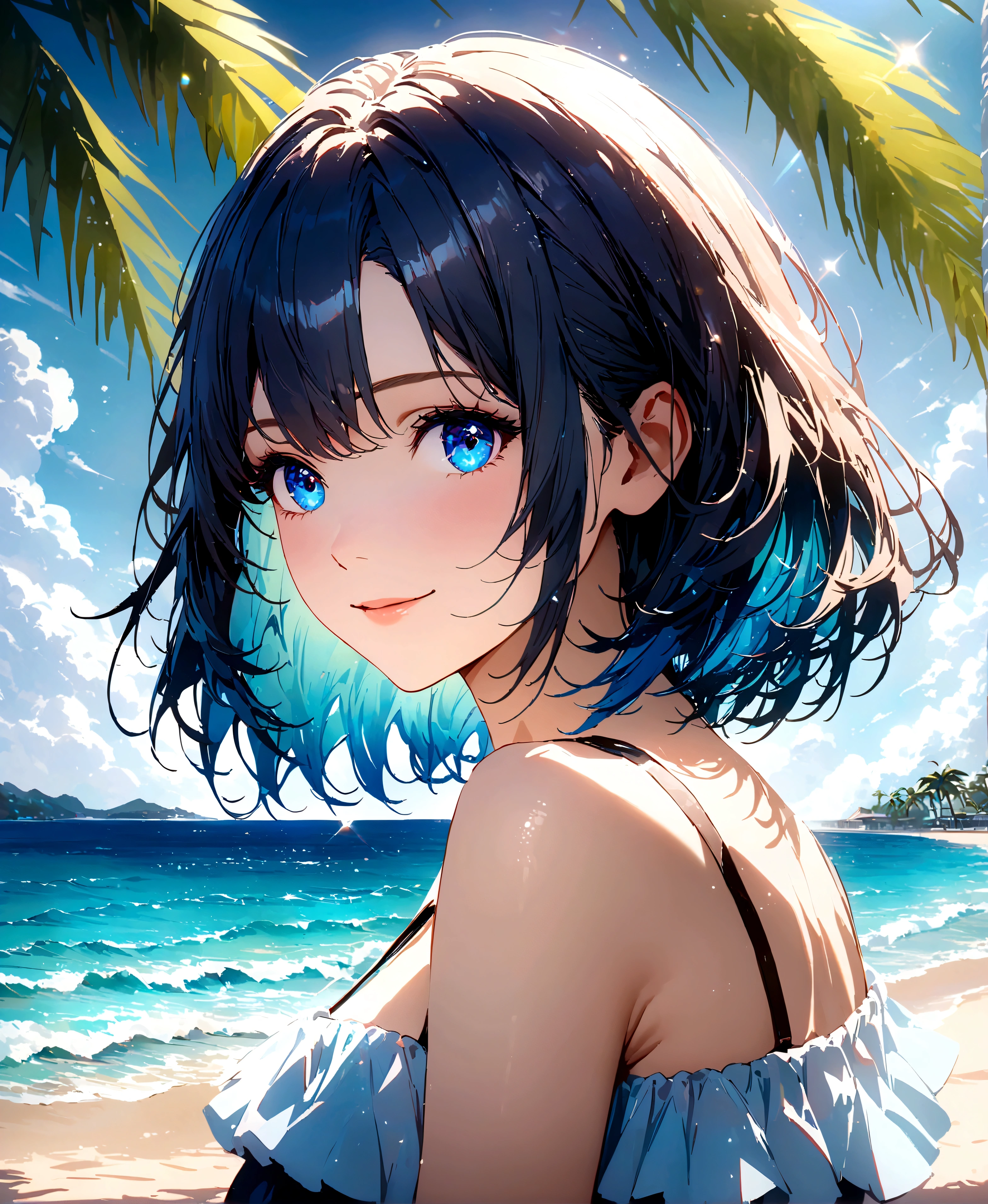 Sparkling sea and tropical ocean, Sunny sky with fluffy white clouds, Palm trees along the coast, Blur the background,Pleasant sea breeze,high school girl,Swimwear,short hair,smile,Glitter effect,Highest quality, 4K, 8K, High resolution, masterpiece:1.2, Very detailed, Realistic:1.37, High resolution, 超High resolution, Ultra-fine painting, Sharp focus, Physically Based Rendering, Very detailedな説明, Professional, Vibrant colors