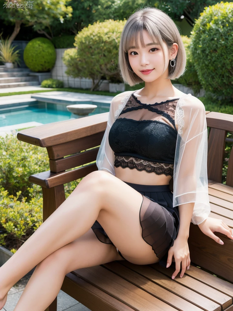 (8K, Realistic, RAW Photos, Highest quality: 1.4, detailed),Japanese idol-style beautiful girl,1 person,18-year-old,(Short Bob),(Silver Hair :1.1),She has her hair tucked behind her ears,Large, clear grey eyes,Long eyelashes,(piercings(small)),(Lip gloss),lips(Plump,glossy),(Lace tube top),(A short, see-through jacket),(Sheer layered flared skirt),Long legs,Barefoot and high heels,Cafe terrace with a view of the Japanese garden,(Sit on a chair(Spread your legs wide :1.8,Lean forward on the chair with your hands between your legs.)),Smiling at the camera,Front view,Full body portrait