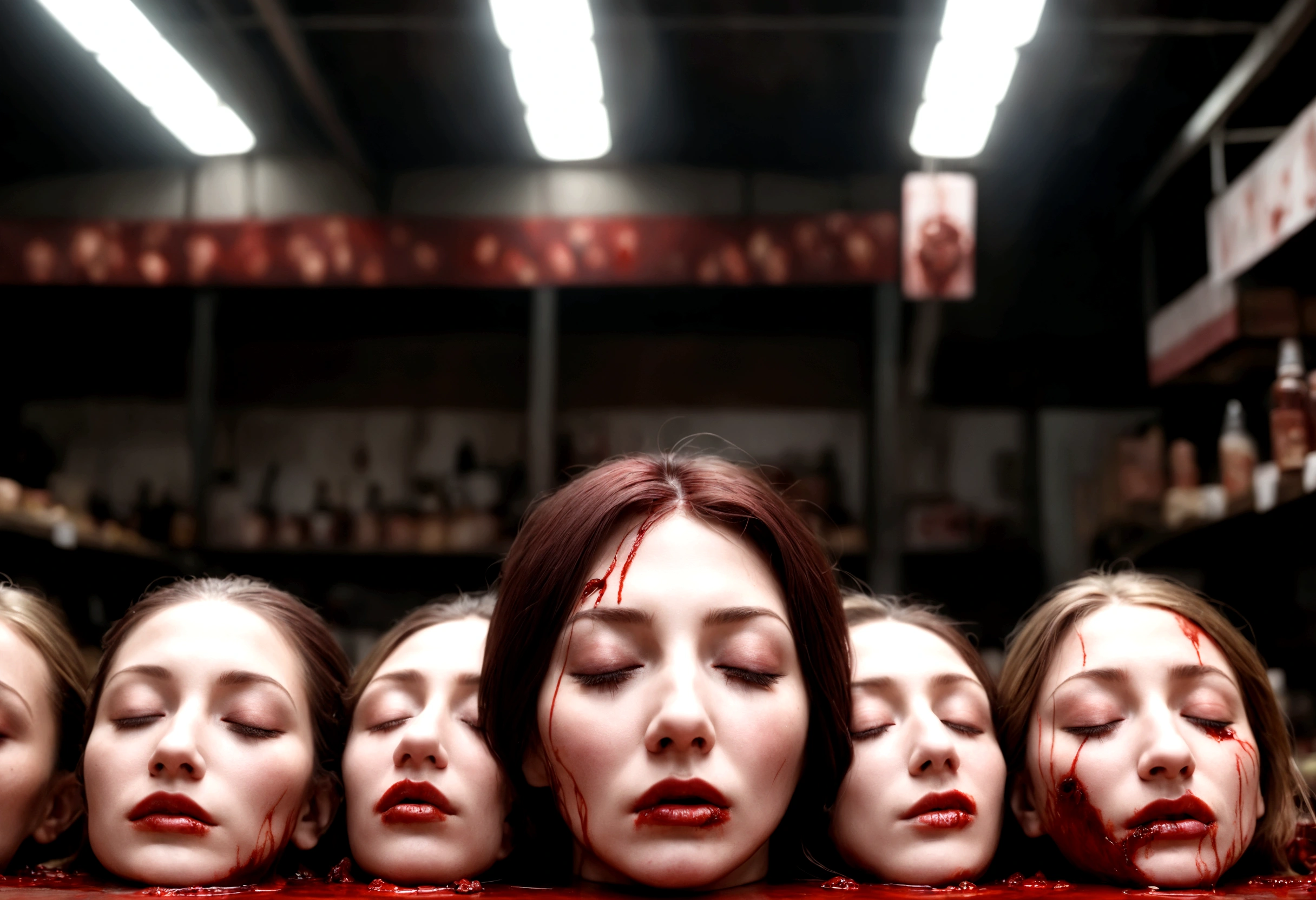 Decapitated heads of Natalie Portman, Angelina Jolie and Salma Hayek on stainless table, in creepy bright room with bloody knife