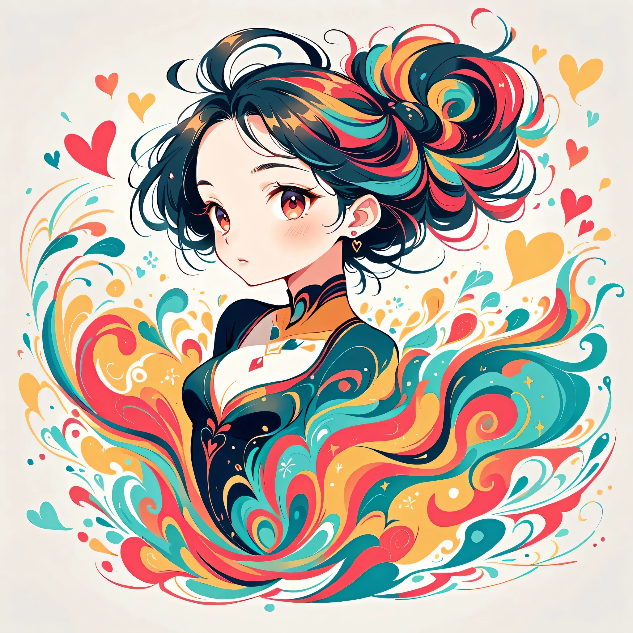 Black Star Red and White style, Simple Line Initialism,Abstract art,Urban Background, colorful hearts ,(((The most beautiful girl of all time))),