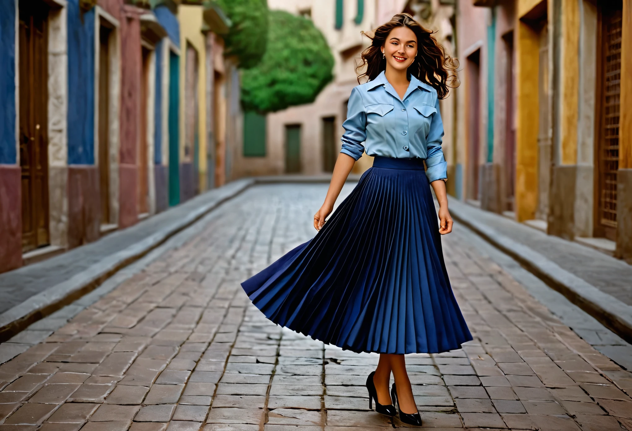 A smiling, authentic, (shy:1,3), kind, beautiful woman, is passionately in love with her skirt, wind lifts her skirt, wearing uniform jacket and very, very detailed (long (fully pleated) full circle skirt) and (low heeled court shoes), very, very intricate hyper-detailed symmetric (attractive graceful young feminine face) with (sad, tired eyes and a loving smile), very voluptuous breasts, full of empathy and compassion and love, (pronounced (feminine) features), (highly detailed ultra accurate realistic) hands and fingers, (windy), epic composition, highly detailed attributes, (35mm f1.4 Kodak portra 400 photograph), extremely high quality RAW photograph, highly detailed atmosphere, sci-fi, cinematic shot, dynamic lighting, 75mm, Technicolor, Panavision, cinemascope, sharp focus, fine details, 8k, HDR, realism, realistic, key visual, film still, superb cinematic color grading, depth of field