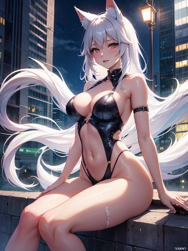 anime girl,18 year old tenage girl, animated style, cute fox girl white hair add_detail:1, shy girl , kitsune ears, dark natasha art, city landscape, art by vixen aztra, beautiful legs, thin waist, wide hips, navel piercing, bat wings, perversa way, dark aura,  Big fangs, open month, lengua drooling, Sitting on the edge of the building with legs open, oily sweaty body, internal creampie, one hand touches her vagina and the other sucks her fingers,add_detail:1