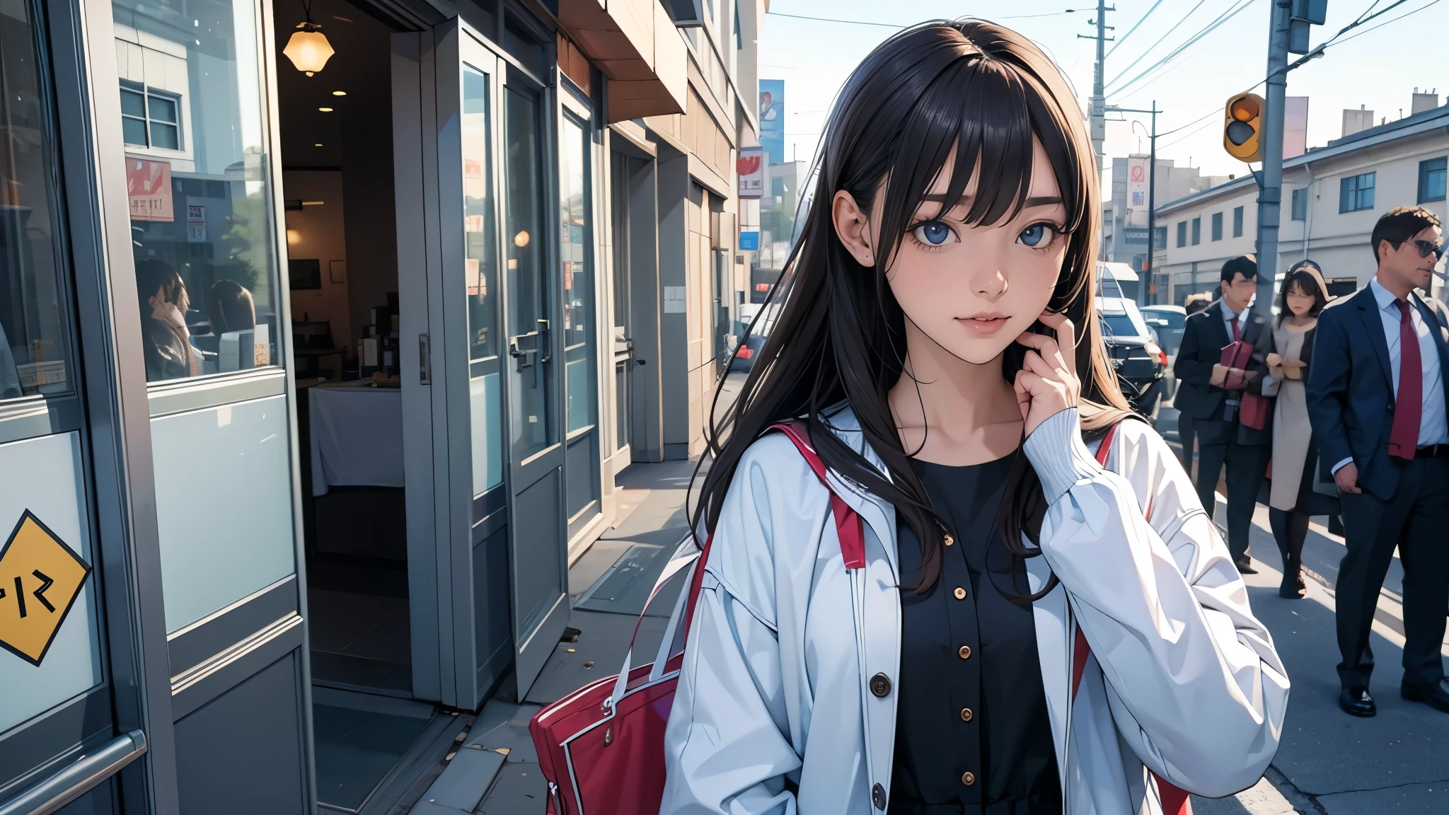 Ultra HD、super high quality、masterpiece、detailed、8K、The location is on a quiet city street、Schoolgirl１Person listening to music on headphones、-yeld hischool girl、そのロシア人で髪の毛は黒色のロング、Has blue eyes、Has a glamorous figure、The clothes she&#39;s wearing are one-piece dresses.、Pretty sexy、Lo-Fi images,The background is blurred、Nostalgic and relaxing atmosphere、At dusk、Afternoon sun