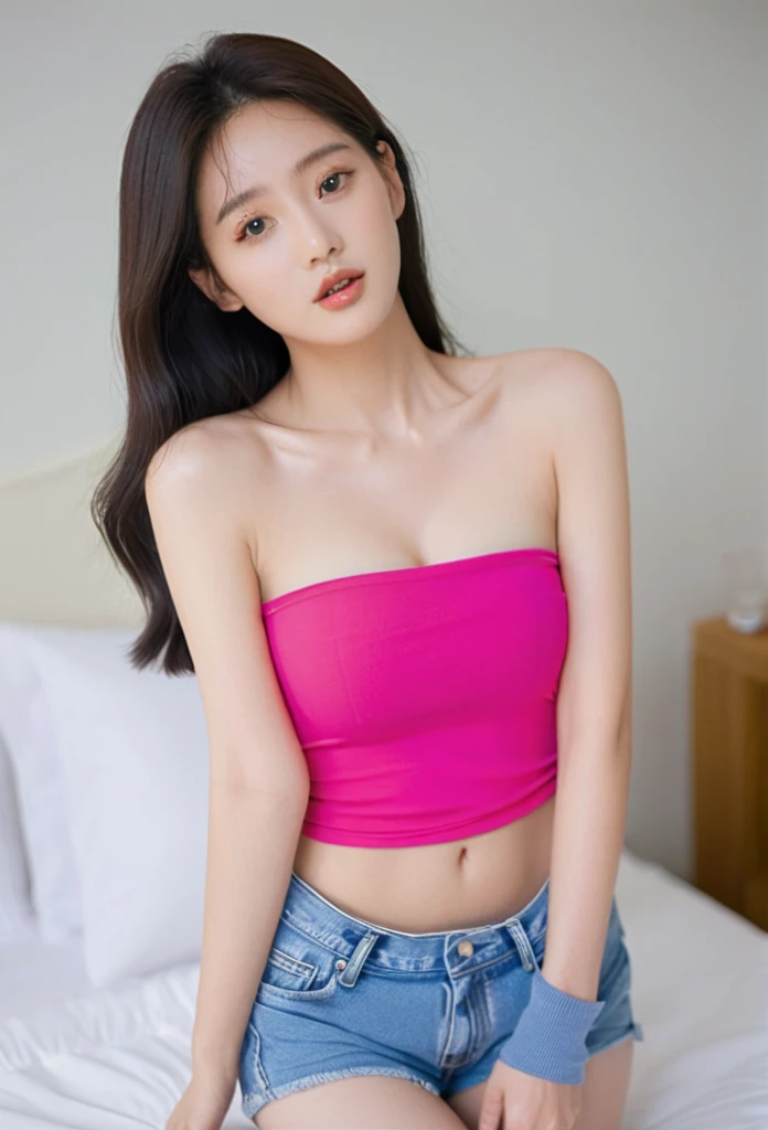 close-up of beautiful South Korean, Song Joo A is a South Korean digital creator and model, youthful face, white skin body, perfect body, very long hair, black hair, straight hair, bust size 38 inches, wearing a tight plain hot pink strapless tube top, wearing a tight plain light white denim shorts, Joo A holding breasts with her own two hands is very sexy and sigh, Joo A squeezes the breasts very seductively, Joo A lowered her shirt a little bit, sexy looking pose, pose a naughty look, at a boyfriend bedroom, UHD