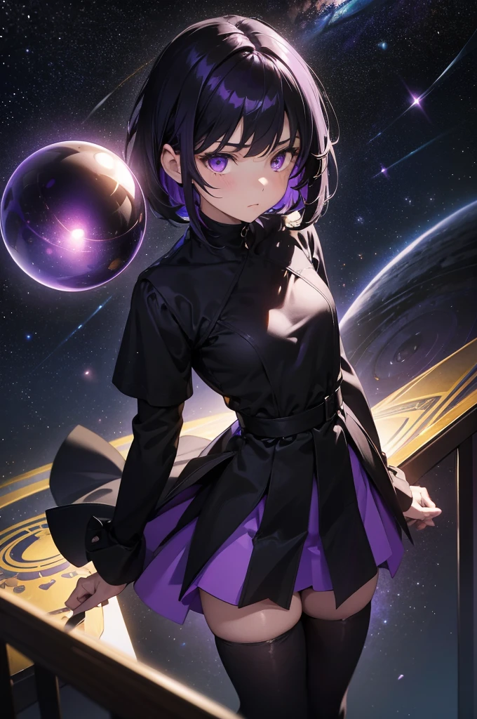 1teenager, girl, masterpiece, Best quality, looks at viewer, light from above, ((her touching a shiny purple sphere)), In the universe, black dress, loose black clothing with gold details, ((black stockings)), ((looking sleepy)), ((neutral expression)), dark purple hair, dark purple eyes, ((short straight hair)), full body, epic, powerful, planets in the background, small floating galaxies