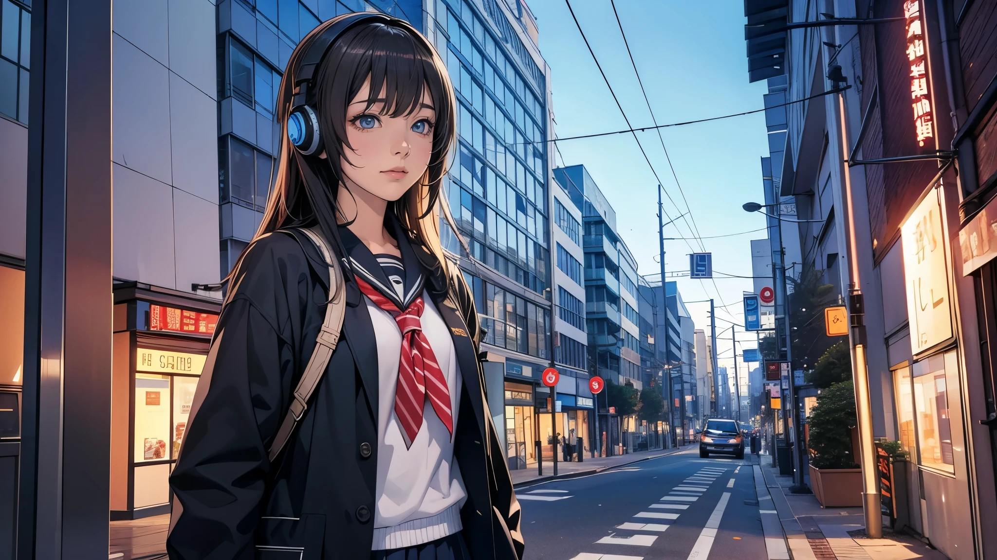 Ultra HD、super high quality、masterpiece、detailed、8K、The location is on a quiet city street、Schoolgirl１Person listening to music on headphones、-yeld hischool girl、そのロシア人で髪の毛は黒色のロング、Has blue eyes、Has a glamorous figure、The clothes she&#39;s wearing are one-piece dresses.、Pretty sexy、Lo-Fi images,The background is blurred、Nostalgic and relaxing atmosphere、At dusk、Afternoon sun