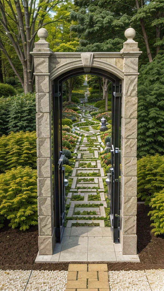 Two rectangular koi ponds, in the middle a brick bench and a bridge area, the koi ponds are connected, aerial view, Outdoor koi pond surrounded by zen garden with a brick bench in the middle and brick bridges