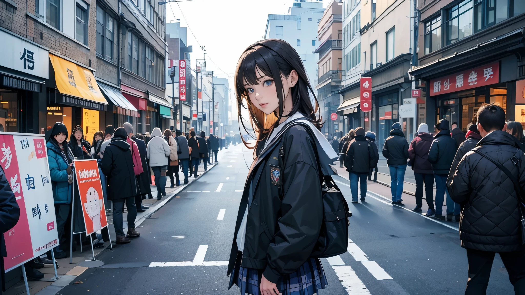 Ultra HD、super high quality、masterpiece、detailed、8K、The location is on a quiet city street、Schoolgirl１Person listening to music on headphones、15-year-old high school girl、そのロシア人で髪の毛は黒色のロング、Has blue eyes、Has a glamorous figure、The clothes she&#39;s wearing are one-piece dresses.、Pretty sexy、Lo-Fi images,The background is blurred、Nostalgic and relaxing atmosphere、At dusk、Afternoon sun