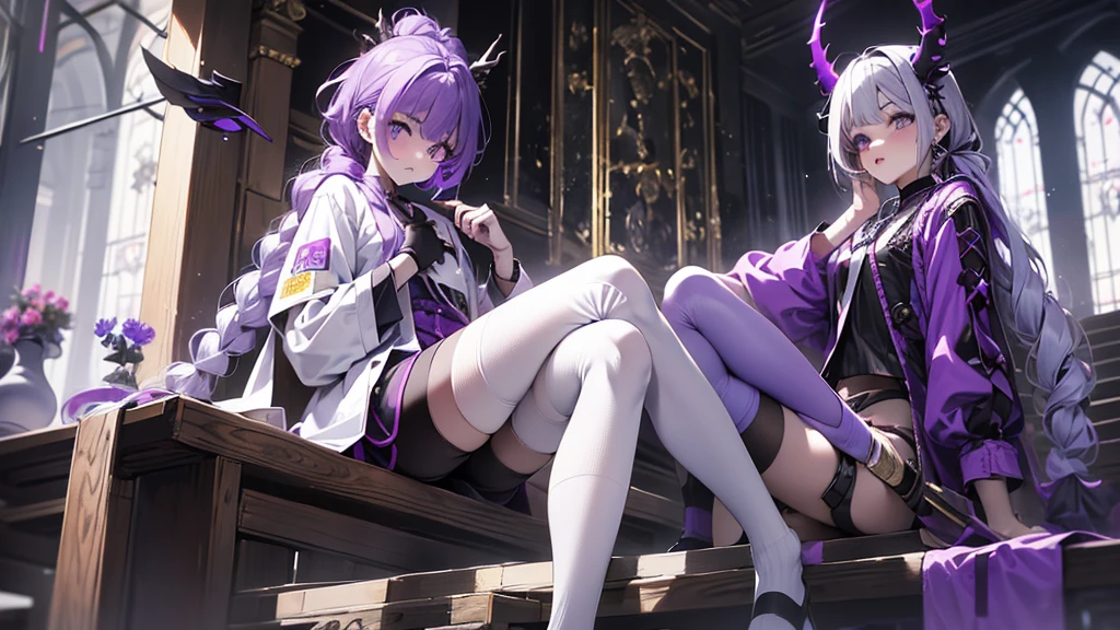 boy thoughtful look open forehead. white and purple hair braided in a ponytail on the left side to one side. sinuous black horns wrapped in dark purple ribbon. pale violet eyes. in short dark purple shorts. long white T-shirt. dark purple knee-high socks. white long coat with hood. black limit stone walls purple light from lamps sitting on the steps