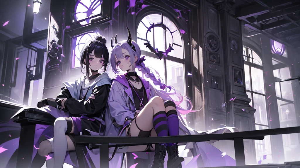 boy thoughtful look open forehead. white and purple hair braided in a ponytail on the left side to one side. sinuous black horns wrapped in dark purple ribbon. pale violet eyes. in short dark purple shorts. long white T-shirt. dark purple knee-high socks. white long coat with hood. black limit stone walls purple light from lamps sitting on the steps