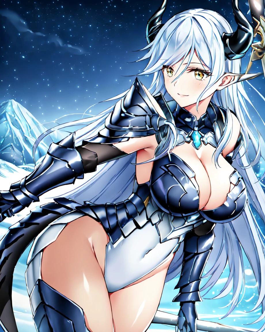 armor, leotard, shoulder armor, cleavage cutout, leotard, breastplate, gauntlet, thig high boots, detachable collar, large breasts, cleavage, long hair, white hair, yellow eyes, beautiful, horn on side head, masterpiece, masterwork, super fine illustration, ultra detailed, cg unity 8k wallpaper, perfect eyes, ultra detailed beautiful face, smile