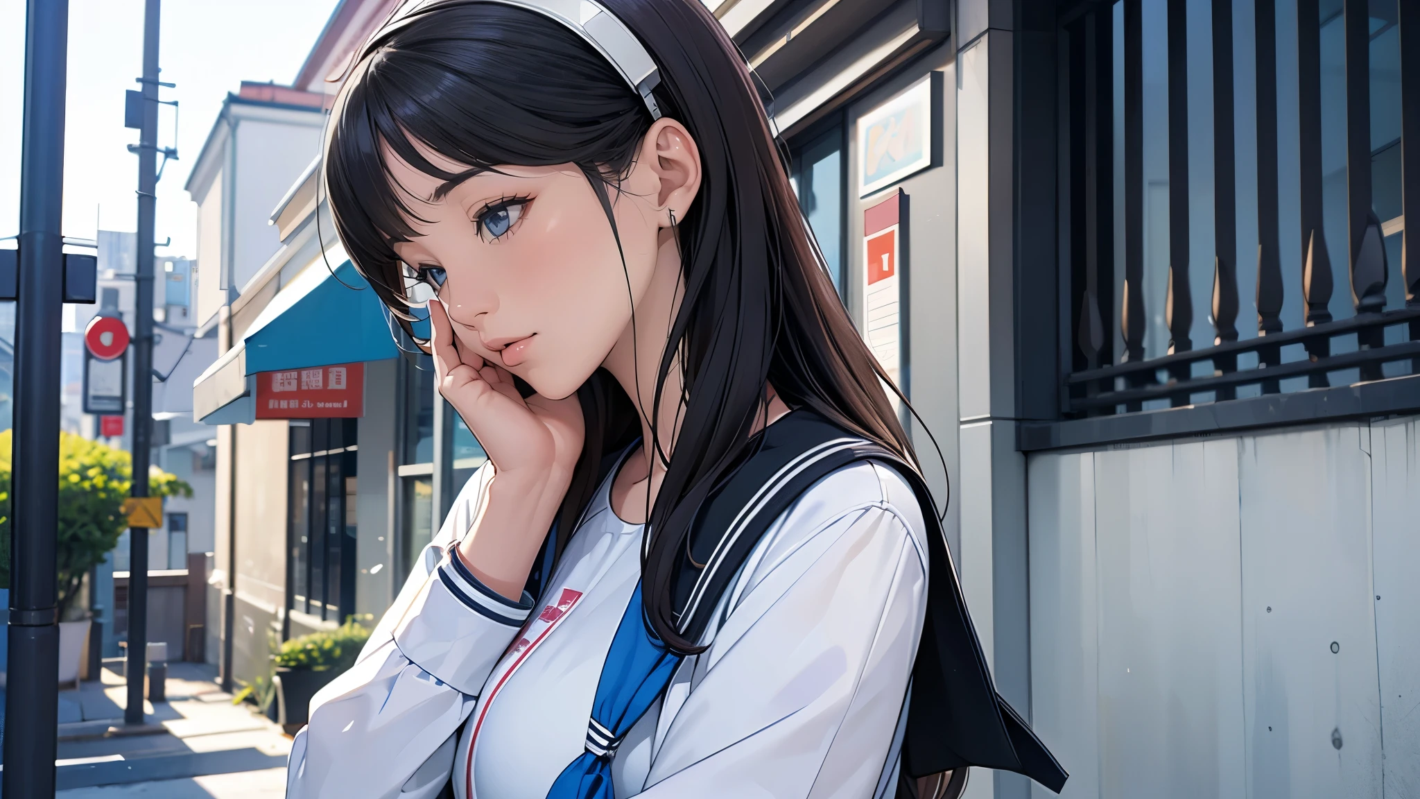Ultra HD、super high quality、masterpiece、detailed、8K、The location is on a quiet city street、Schoolgirl１Person listening to music on headphones、-yeld hischool girl、そのロシア人で髪の毛は黒色のロング、Has blue eyes、Has a glamorous figure、The clothes she&#39;s wearing are one-piece dresses.、Pretty sexy、Lo-Fi images,The background is blurred、Nostalgic and relaxing atmosphere、At dusk、Afternoon sun