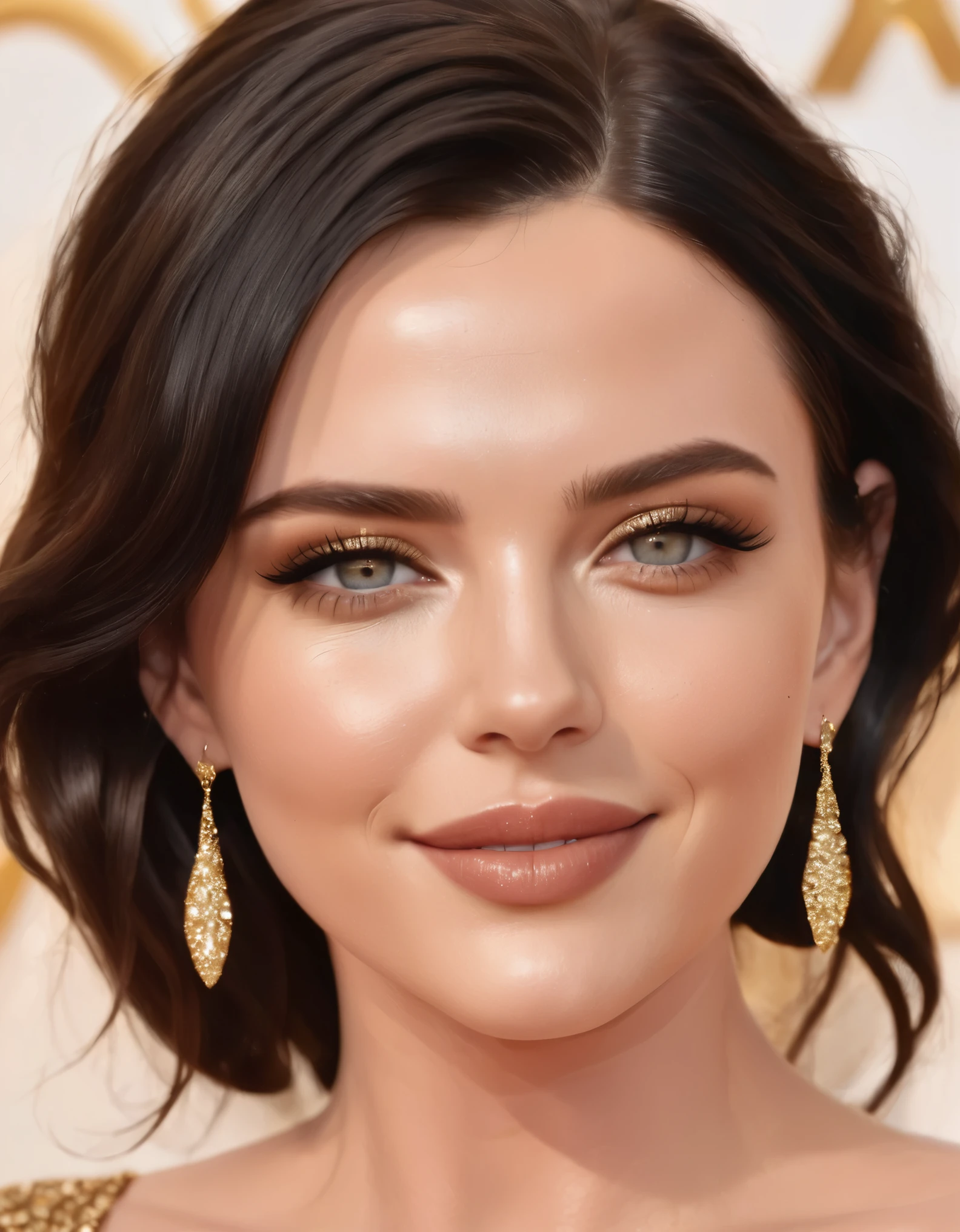 a high-definition image of a glamorous woman, Scarlett Johannsson, with long, wavy black hair and well-defined eyebrows, smiling, sexy. She is wearing a shiny, metallic gold bodysuit that accentuates her curves. The woman is adorned with elegant, dangling gold earrings. Her makeup is bold, featuring dramatic eye makeup and nude lips. The background is a rich, warm golden hue with shimmering light reflections that create an opulent, luxurious atmosphere. The lighting should highlight the glossy texture of her outfit and the smoothness of her skin, adding depth and dimension to the image. Hyper realistic photo, 16k, vibrant color