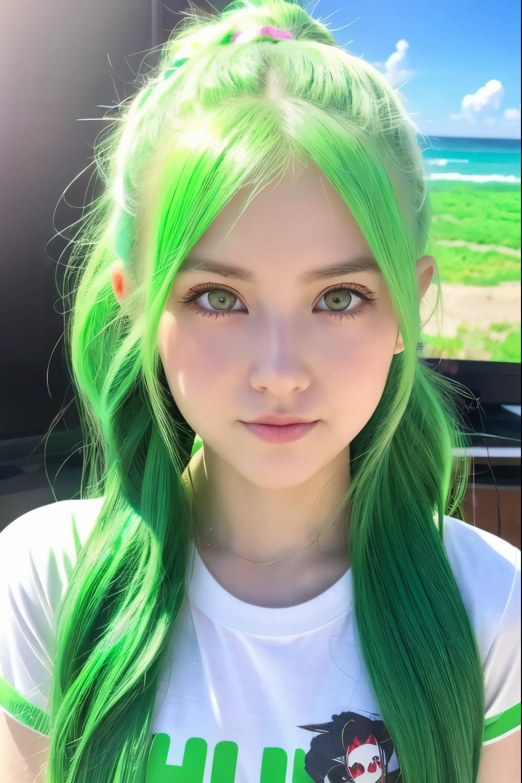 (4K), (Highest quality), (Best details), (Realistic)、A beautiful American girl watches a big screen TV on the beach under the hot sun、Green Hair、Green Eyes、White t-shirt with Japanese manga printed on it、