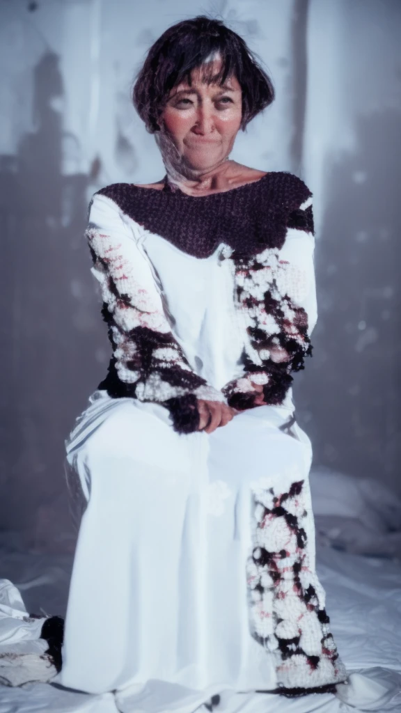 A 50-year-old woman with a beautiful face and short black hair is sitting on a white bed, with splashes of white milk on her face, wearing tight clothes