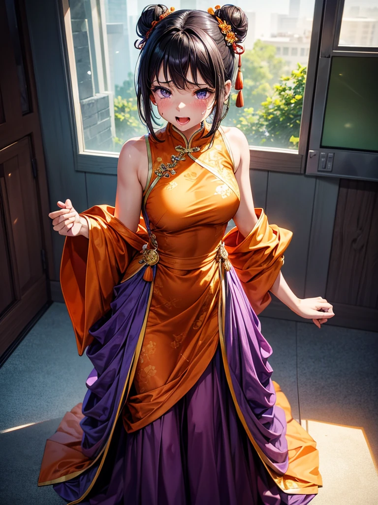Highest Resolution,Highest quality,1People Girls,beautiful girl,Full body close-up,The body is frontal,looking at the camera,Standing posture,Crying face,Tears,Stringy saliva,Open your mouth,Sticking out tongue,Saliva,Tears overflow,Dripping a lot of saliva,Drooling,Dimly lit room,Orange lighting,,Purple Chinese Dress,Muscle Exposure,Bun Hair,Black Hair,short hair,