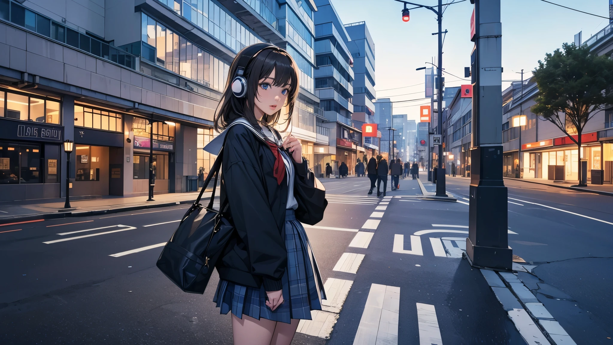 Ultra HD、super high quality、masterpiece、detailed、8K、The location is on a quiet city street、Schoolgirl1Person listening to music on headphones、15-year-old high school girl、そのロシア人で髪の毛は黒色のロング、Has blue eyes、Has a glamorous figure、The clothes she's wearing are one-piece dresses.、Pretty sexy、Lo-Fi images,The background is blurred、Nostalgic and relaxing atmosphere、At dusk、Afternoon sun