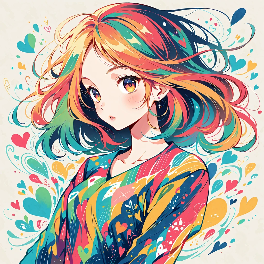 Mai Yoneyama style, Simple Line Initialism,Abstract art,Urban Background, colorful hearts ,(((The most beautiful girl of all time))),