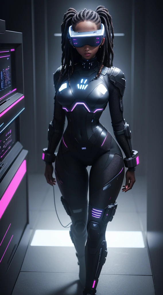 Cyberspace theme, American flag background, ebony avatar, cyberspace, wireframe, matrix, tron, minimal, abstract, virtual reality, black background, neon lights, virtual interface, looking at camera, (ebony), dreads, sexy, thic, vr headset