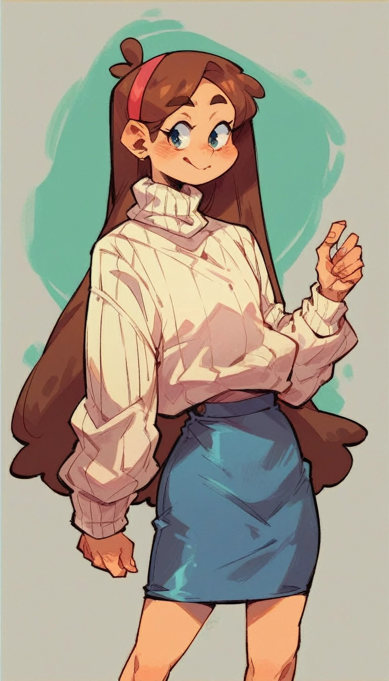 Mabel Pines wearing leather skirt and baggy sweater 
