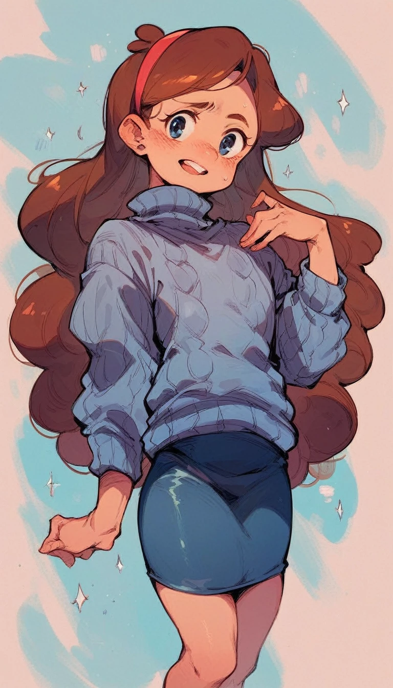 Mabel Pines wearing leather skirt and baggy sweater