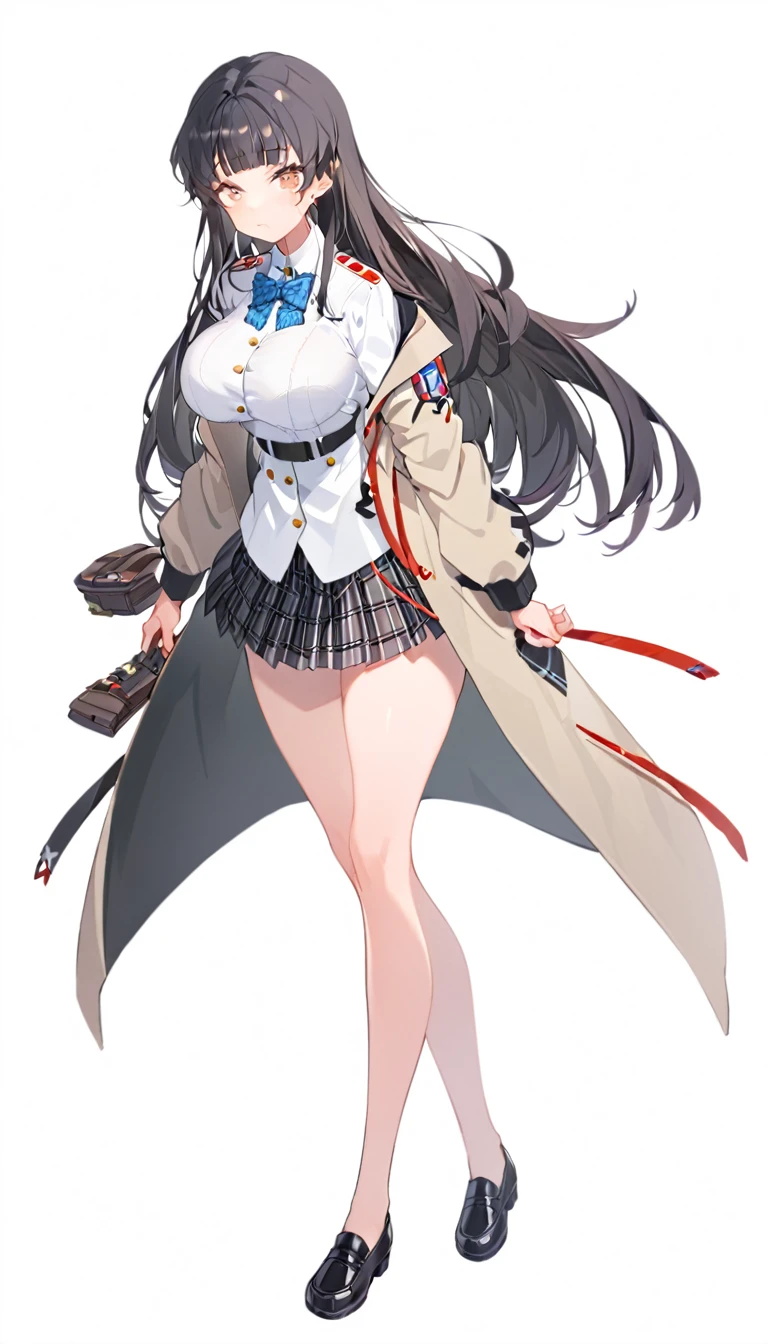 Girl in thick coat and uniform, (((1girl)))), solo, thigh, skirt, skin dent, breast, simple background, jacket, bow, plaid pattern, white background, pleated skirt, full body, bow tie, brown thighs, bangs, , shoes, black shoes, black hair, big, plaid skirt, black thighs, thighs