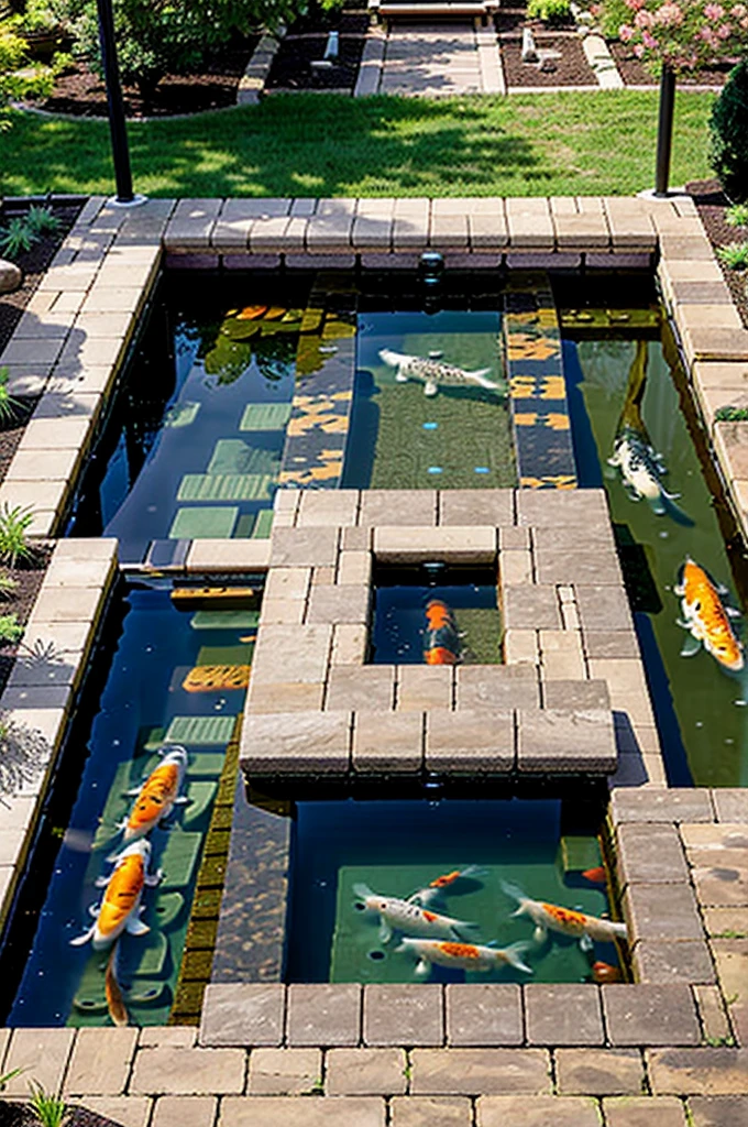 Top-down view, Two rectangular koi ponds, in the middle a brick bench and a bridge area, the koi ponds are connected, aerial view, Outdoor koi pond surrounded by zen garden with a brick bench in the middle and brick bridges