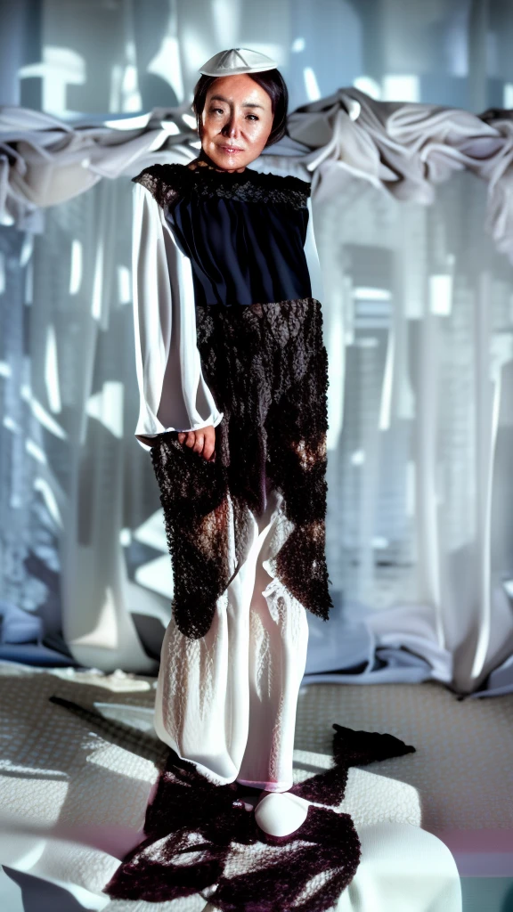 A 50-year-old woman with a beautiful face and short black hair is sitting on a white bed, with splashes of white milk on her face, wearing tight clothes