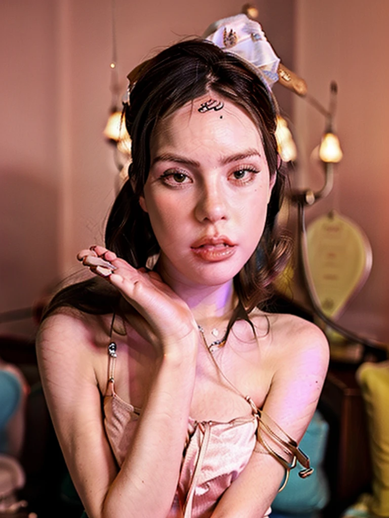 Yzma, purple hair, black headwrap,ong hair, black eyes, eyeshadow, pale skin, small breasts, nipples, black dress, jewelry, bare shoulders, round earrings, looking at viewer, serious, blush, sitting, on bed, shy pose, romantic ambiance, high quality, masterpiece, <lora:Yzma:.8>