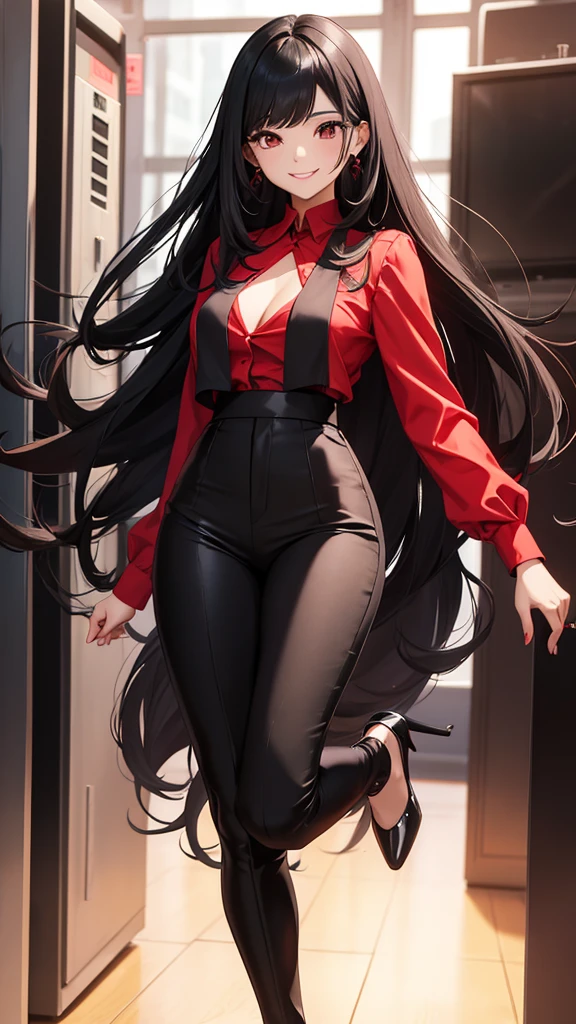 Cute Woman Smiling Very Long Hair Black Hair Very Shiny Hair Red Blouse 1.1 Black Pants 1.1 Black Heels Red Sole 1.1 Jumping Giant Operated Bottom