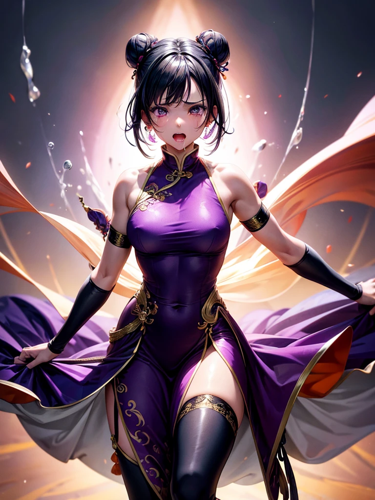 Highest Resolution,Highest quality,1People Girls,beautiful girl,Full body close-up,The body is frontal,looking at the camera,Standing posture,Crying face,Tears,Stringy saliva,Open your mouth,Sticking out tongue,Saliva,Tears overflow,Dripping a lot of saliva,Drooling,Dimly lit room,Orange lighting,,Purple Chinese Dress,Muscle Exposure,Bun Hair,Black Hair,short hair,