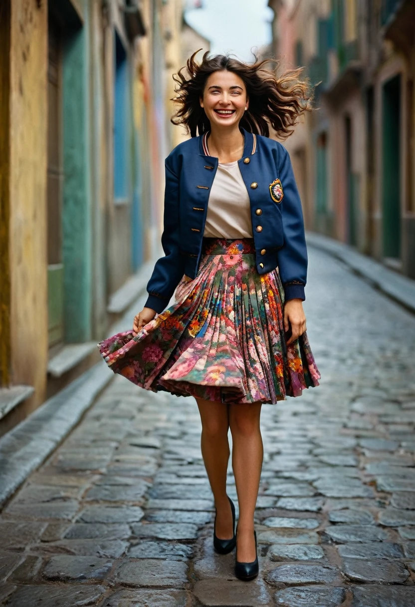 A smiling, authentic, (shy:1,3), kind, beautiful woman, is passionately in love with her skirt, wind lifts her skirt, wearing uniform jacket and very, very detailed (long (fully pleated) full circle skirt) and (low heeled court shoes), very, very intricate hyper-detailed symmetric (attractive graceful young feminine face) with (sad, tired eyes and a loving smile), very voluptuous breasts, full of empathy and compassion and love, (pronounced (feminine) features), (highly detailed ultra accurate realistic) hands and fingers, (windy), epic composition, highly detailed attributes, (35mm f1.4 Kodak portra 400 photograph), extremely high quality RAW photograph, highly detailed atmosphere, sci-fi, cinematic shot, dynamic lighting, 75mm, Technicolor, Panavision, cinemascope, sharp focus, fine details, 8k, HDR, realism, realistic, key visual, film still, superb cinematic color grading, depth of field