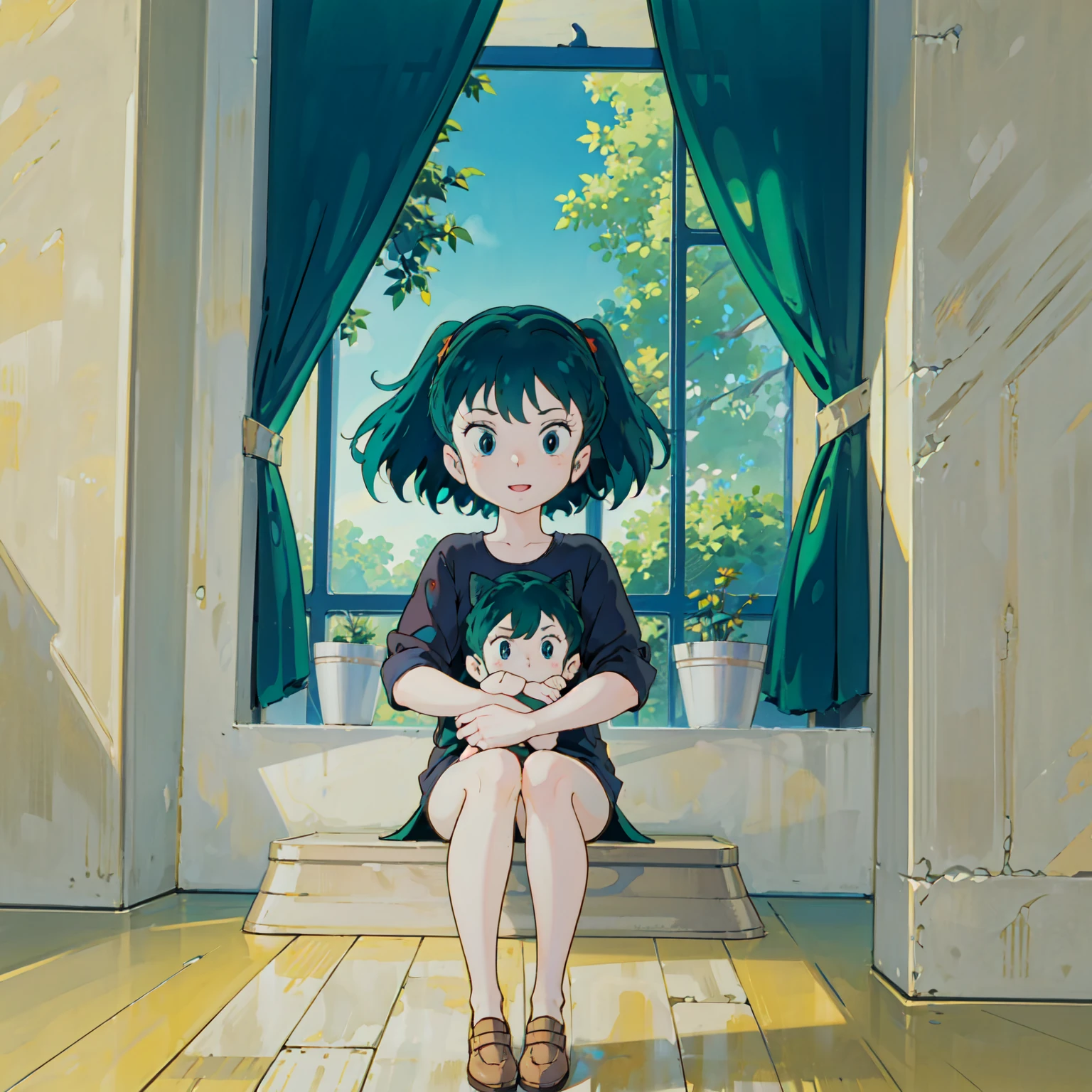 score_9, score_8_up, score_7_up, lum, retro artstyle, 1980s style, blue eyes, eyeshadow, green hair, long hair, bangs, aqua hair, dynamic angle, big breasts, big ass, (little, small tiny body, chibi, small), (8 ), (1 toddler:1), (baby face),ace), (big forhead:1.2), (beautiful big eyes:1.3), extremely detailed cute anime face, (best quality, masterpiece, absurbres, super-resolution), soft pastel aesthetic, gaming console, friends, multiple people, chilling at home, playing video game, LCD screen, fun, laugh, smile, (eyelid pull), detailed faces, warm lighting, cozy interior, dynamic composition, vibrant colors, cinematic, depth of field, black cat sitting on her lap,