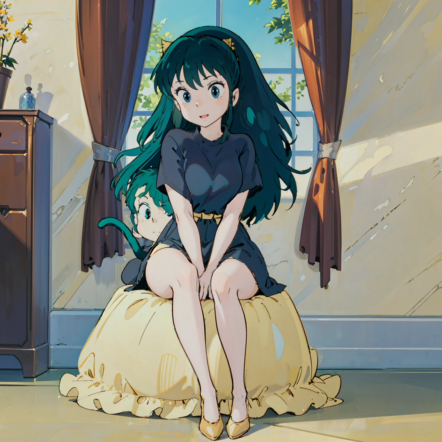 score_9, score_8_up, score_7_up, lum, retro artstyle, 1980s style, blue eyes, eyeshadow, green hair, long hair, bangs, aqua hair, dynamic angle, big breasts, big ass, (little, small tiny body, chibi, small), (8 years old), (1 toddler:1.4), (baby face), (round face), (big forhead:1.2), (beautiful big eyes:1.3), extremely detailed cute anime face, (best quality, masterpiece, absurbres, super-resolution), soft pastel aesthetic, gaming console, friends, multiple people, chilling at home, playing video game, LCD screen, fun, laugh, smile, (eyelid pull), detailed faces, warm lighting, cozy interior, dynamic composition, vibrant colors, cinematic, depth of field, black cat sitting on her lap,