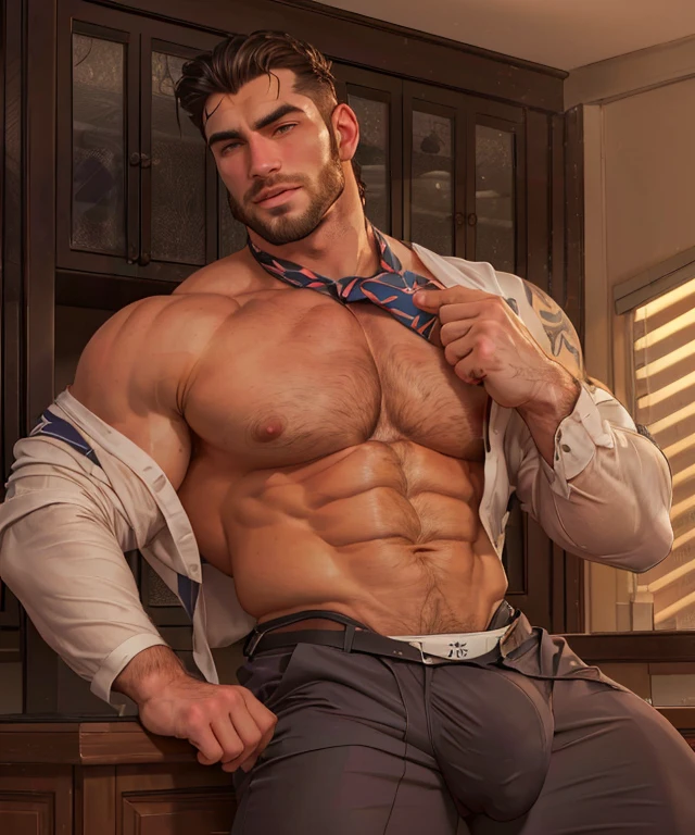 there is a man with a shirt and tie on posing for a picture, commission for high res, male art, (sfw) safe for work, beefcake pose, handsome stunning realistic, sylas, gigachad muscular, shirtless :: high detail, anime handsome man, handsome male, muscular male hero, heroic masculine pose, human male character art, commission for, hot hairy muscular man, beefy bulky man, daddy, dadbody, homoerotic, dick bulge