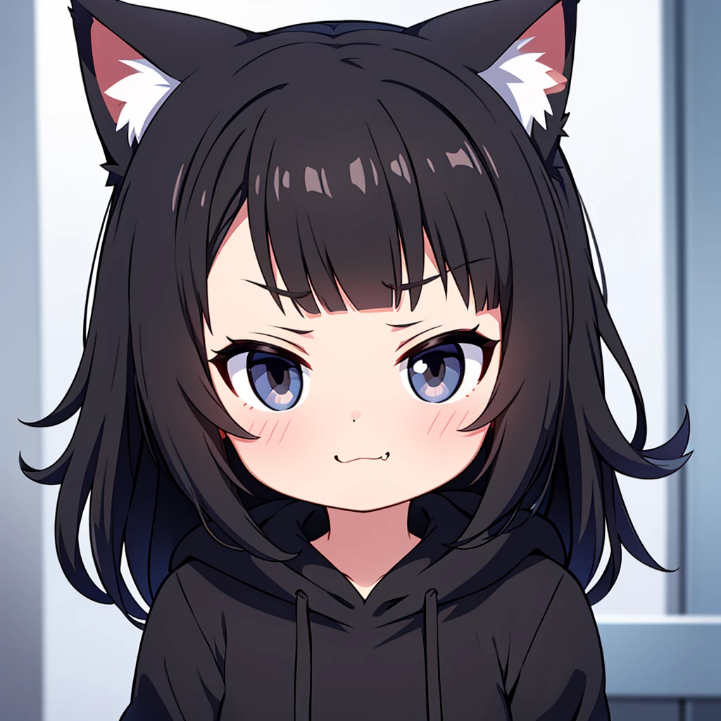 cute cat girl, cat ears, black hair, black cat ears, black eyes, smug, black hoodie, only head in frame, straight bangs, medium length hair