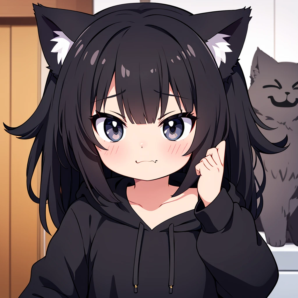 cute cat girl, cat ears, black hair, black cat ears, black eyes, smug, black hoodie, only head in frame, straight bangs, medium length hair