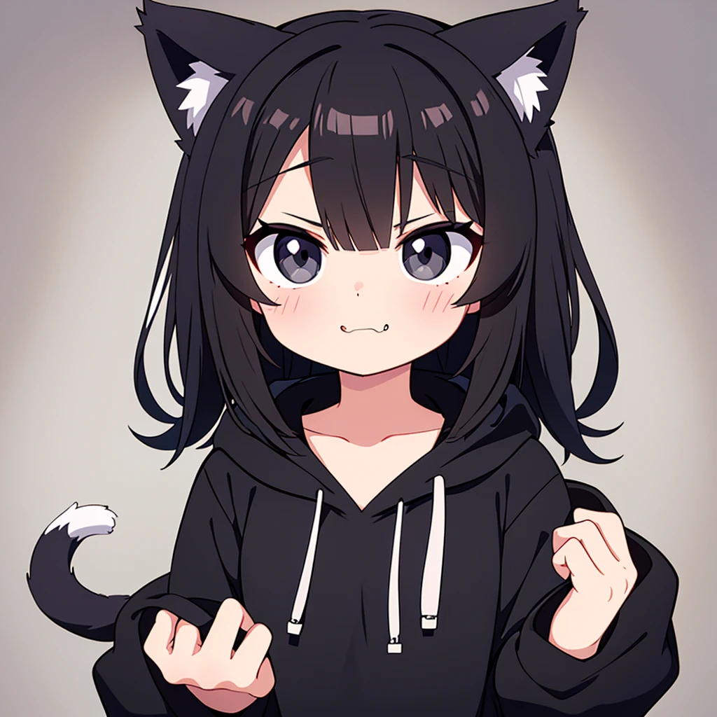 cute cat girl, cat ears, black hair, black cat ears, black eyes, smug, black hoodie, only head in frame, straight bangs, medium length hair