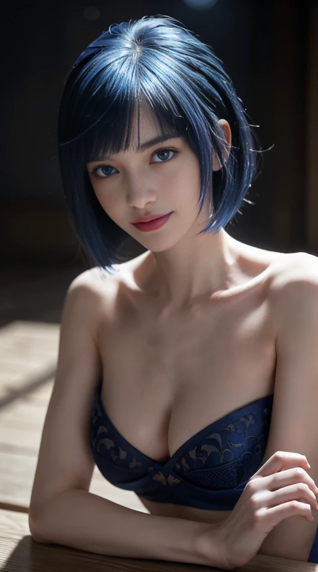 8K, Top Quality, Intricate Details, Ultra Detail, Ultra High Resolution, Masterpiece, random angle, Slender, Smile, (Makeup: 0.4), (Fluffy Blue Eyes: 1.21), blue Eyes, looking at viewer, ((full body)), 1girl, solo, 1 girl, (( full body)), close up shot, , ((tall)), (((fit body))), (((slim face))), sharp face, sharp eyes, (((blue hair, short hair, bangs )) , (detailed face), sharp face, small lips,
(( )), ((, battlesuit )), detailed face, detailed breast, show breast and nipples, large breast, detail ass, , Beautiful girl with accentuated slender abs: 1.4, Six Pack Abs: 1.4, Bust Botox, Big, Perfect Body, detail leg, (( moonlight)), onsen