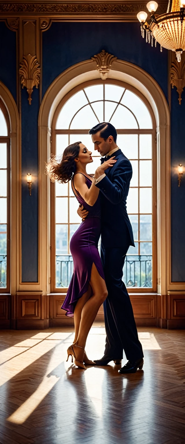 a man and woman dancing tango, art deco ballroom, warm color palette, 1920s, 1 man 1 woman, sexy tango dance pose, ballroom dancers, ornate art deco interior, detailed architectural features, chandelier, (best quality,4k,8k,highres,masterpiece:1.2),ultra-detailed,(realistic,photorealistic,photo-realistic:1.37), natural lighting, natural shadows, Outside the window is a balcony. a narrow french window with an arched top leads out to the balcony, man facing forward, woman facing away from viewer, dancing the tango, woman is wearing a purple dress with slit, she has her right leg out to the side, (exposing her thigh:1.5), Outside is dark, small stars are shining in (the dark blue sky:1.3), (dimly lit room:1.2), and shadows are cast on the eye sockets, making it impossible to read their expressions, detailed facial features, beautiful dress, formal attire, natural lighting, warm color palette,