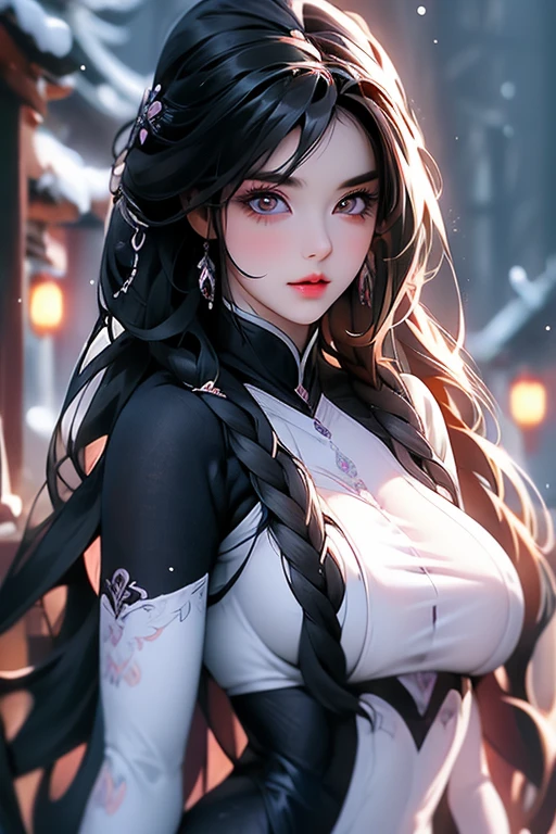 Beautiful woman, age about thirties, long wavy hair, thick eyebrows and eyelashes, black iris, black colored hair, slim proportional body, snow background, {good quality}, {HD}, {nice color combinations}