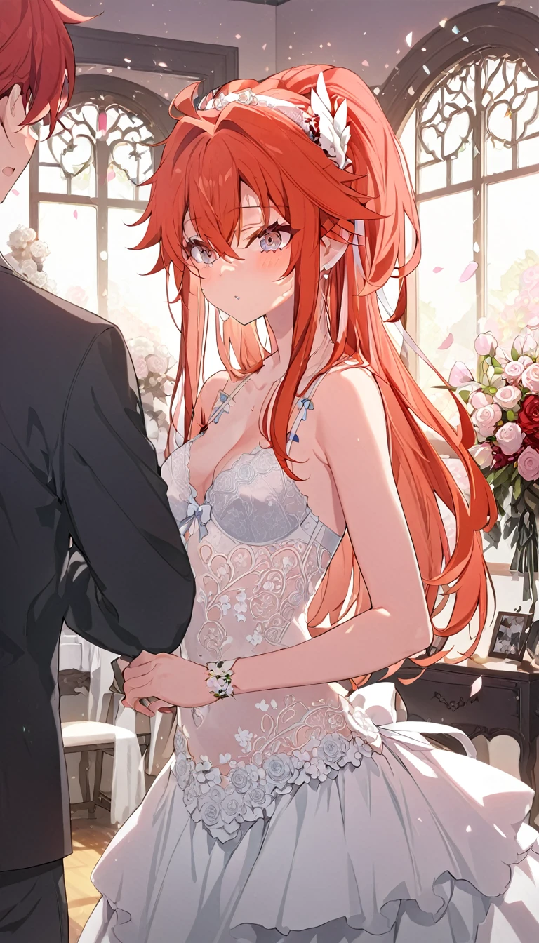 One girl, masterpiece, High resolution, Sonic Edge_Rias_Gremory,Long Red Hair, ((Wedding dress, room, Bridal Lingerie, Wedding Themes))
