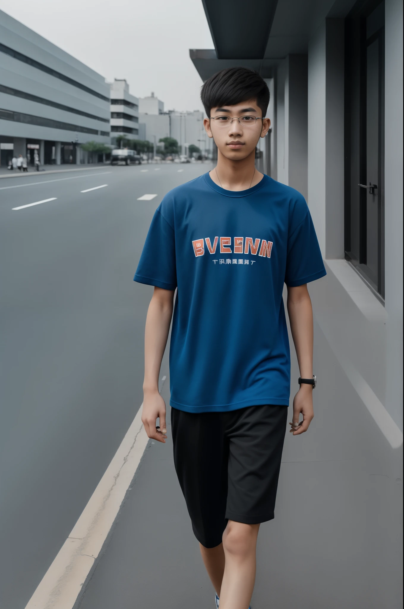 21 year old Beijing boy, he is wearing a oversize xxl blue plain t-shirt, he is wearing black trousers, he is wearing sneakers, he is wearing glasses, city, full body, he is buzz cut Hair, foot, walking