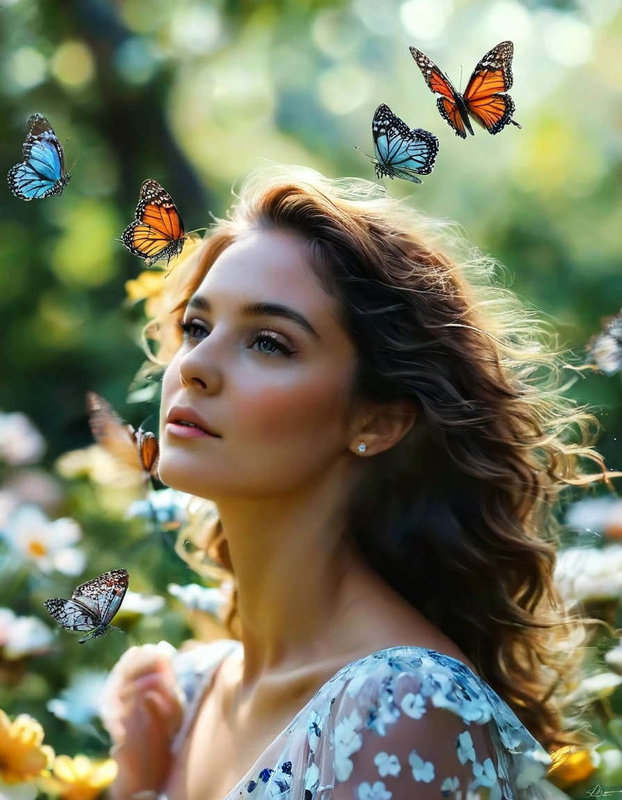 Une immense ombrelle faite de fleur finement ciselée et ajourée offre de l'ombre à une sublime femme heureuse et radieuse marchant dans un parc,  a few little butterflies flutter around her 