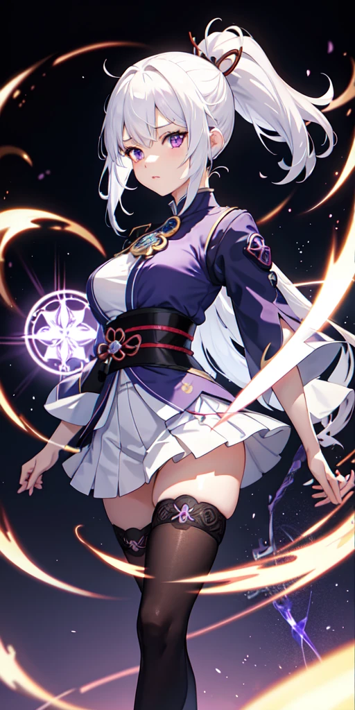 1girl, japanese clothes, ponytail ,white hair, purple eyes, magic circle, blue fire, blue flames, wallpaper, landscape, blood, blood splatter, depth of field, night, light particles, light rays, sidelighting, thighs, fate \(series\), genshin impact, ****, open jacket, skirt, thighhighs, cloud