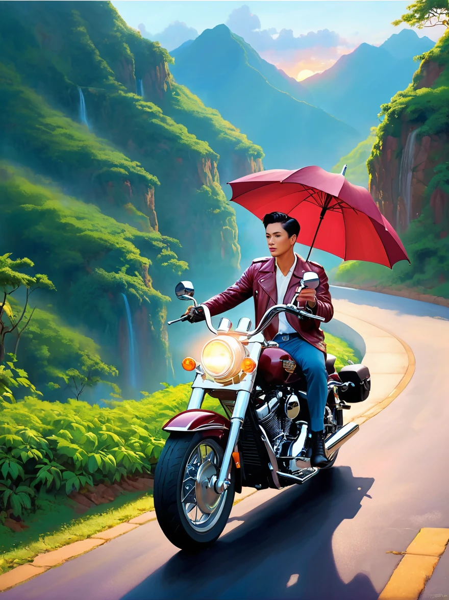 A lifelike ethereal entity confidently holds an umbrella，Riding a maroon motorcycle，Exactly like Harley-Davidson，Driving along the winding mountain road。The environment surrounding the scene is stunning，Lush greenery and abundant plant life，Under the blue sky，The afterglow of the setting sun。The atmosphere is sad，Exudes a feeling，It&#39;s as if this ghostly being is experiencing its final journey，A symbolic last journey，The background is a magnificent mountain scenery